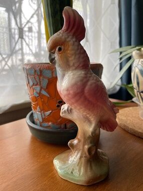 Ceramic Parrot or Cockatoo 7" Figurine Pink/White w/ 2 Chips